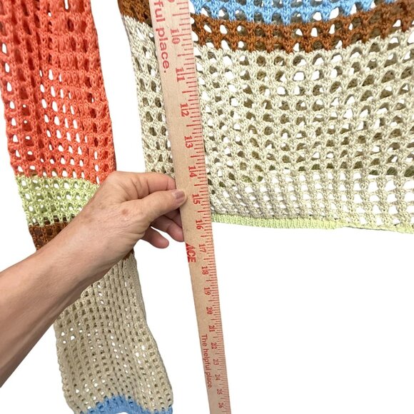 Urban Outfitters Chloe Crop Open-Knit Sweater Top Bell Sleeves M Blue Yellow - Picture 7 of 9